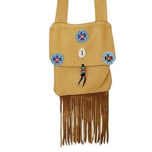 Native Artisan Made Soft Raw Leather Adjustable Crossbody Beaded Fringe Bag